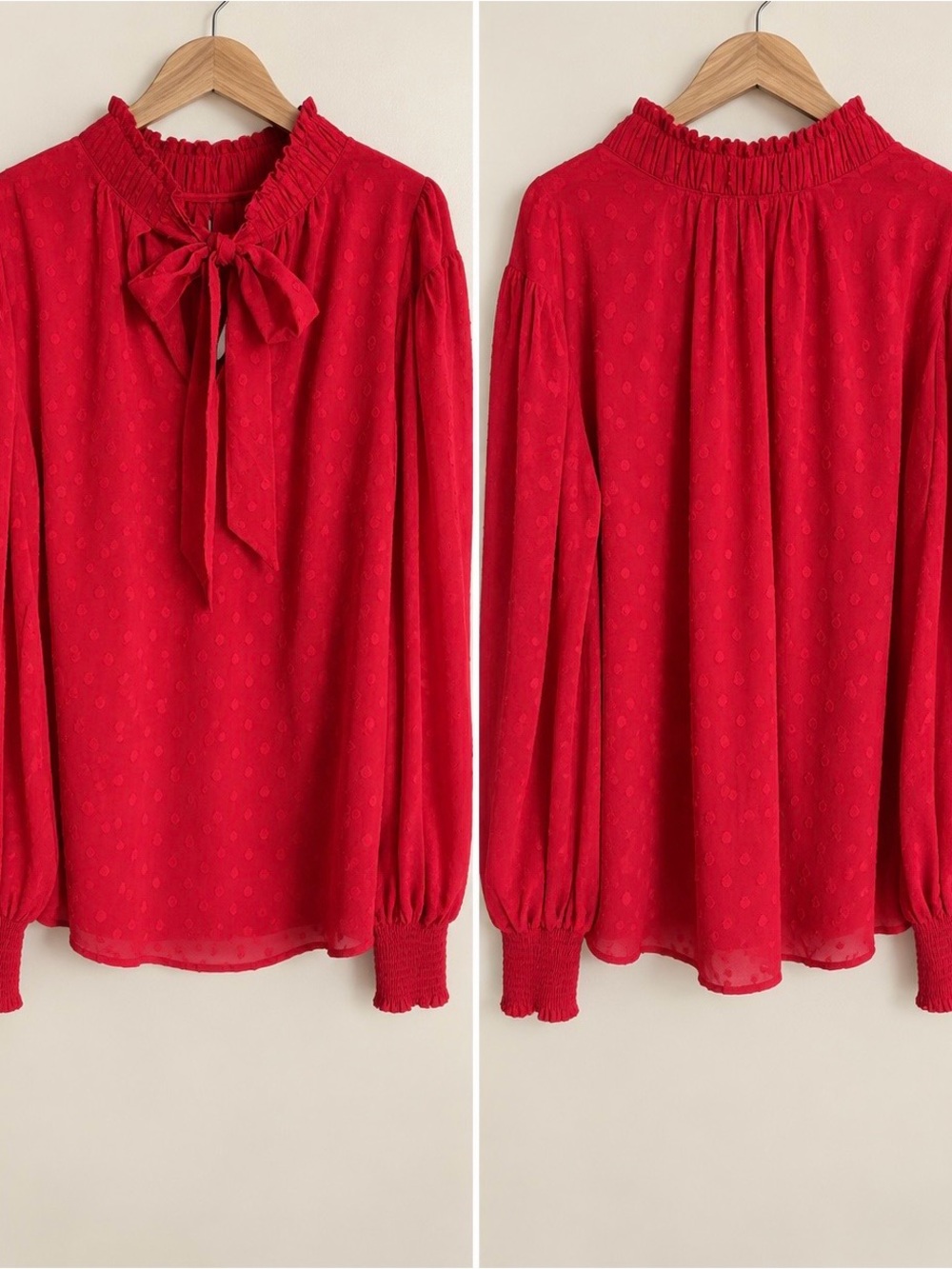 LOFT Red Tie-Neck Dot-Texture Blouse